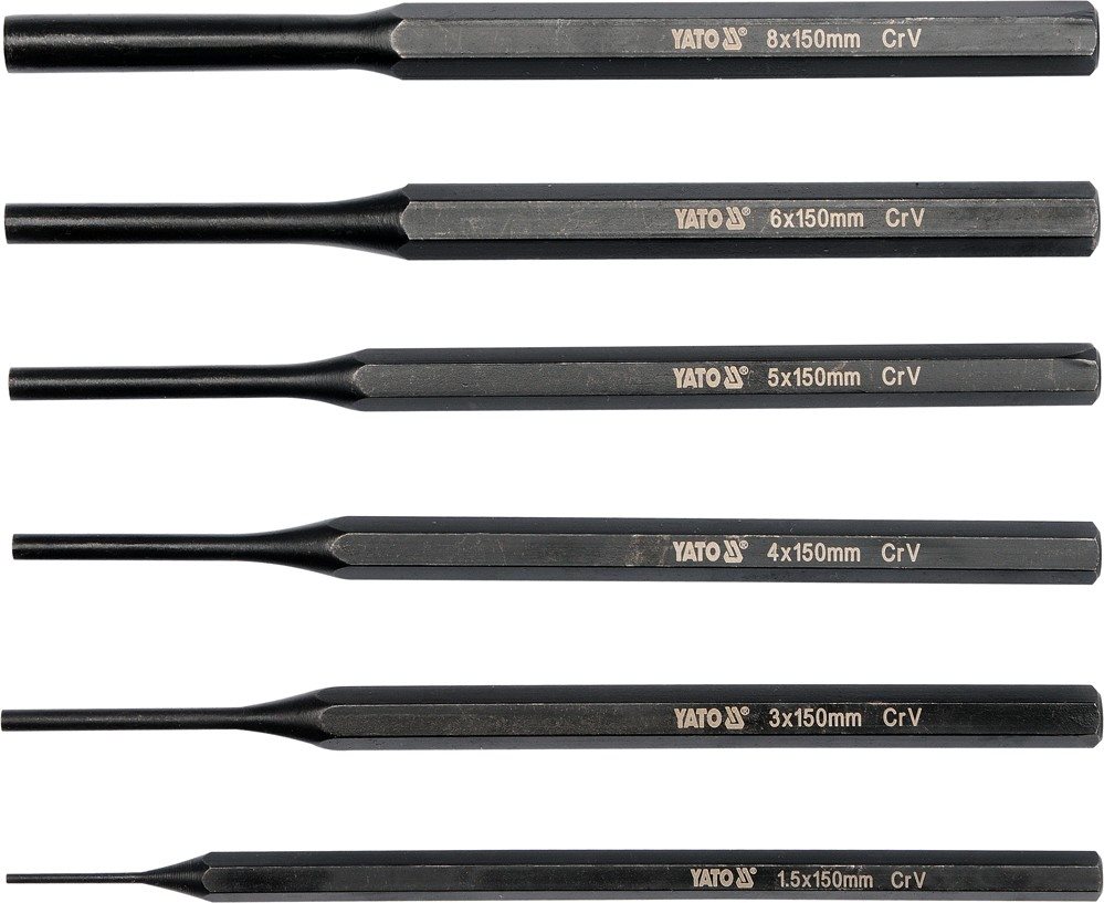 YATO 6 db-os csapszegkiütő készlet, 150mm, átmérő 1,5, 3, 4, 5, 6, 8 mm