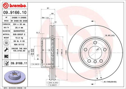 BREMBO brake disc 09.9166.11, set of 2 - Brake Disc - Main image