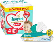 PAMPERS Premium Care Pants 4 (94 db) + PAMPERS Aqua Soft Touch, 60 db - Bugyipelenka