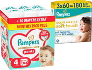 PAMPERS Premium Care Pants vel. 4 (124 ks) + PAMPERS Aqua Soft Touch 180 ks (3× 60 ks) - Nappies