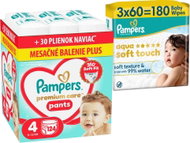 PAMPERS Premium Care Pants veľ. 4 (124 ks) + PAMPERS Aqua Soft Touch 180 ks (3 × 60 ks) - Plienkové nohavičky