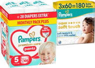 PAMPERS Premium Care Pants vel. 5 (108 ks) + PAMPERS Aqua Soft Touch 180 ks (3× 60 ks) - Nappies