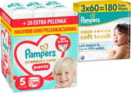 PAMPERS Premium Care Pants 5 (108 db) + PAMPERS Aqua Soft Touch, 180 db (3× 60 db) - Bugyipelenka