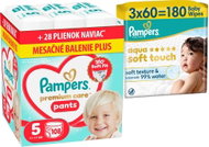 PAMPERS Premium Care Pants veľ. 5 (108 ks) + PAMPERS Aqua Soft Touch 180 ks (3× 60 ks) - Plienkové nohavičky
