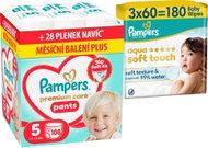 PAMPERS Premium Care Pants vel. 5 (108 ks) + PAMPERS Aqua Soft Touch 180 ks (3× 60 ks) - Plenkové kalhotky