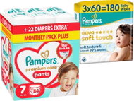 PAMPERS Premium Care Pants vel. 7 (84 ks) + PAMPERS Aqua Soft Touch 180 ks (3× 60 ks) - Nappies