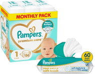 PAMPERS Premium Care vel. 1 (156 ks) + PAMPERS Aqua Soft Touch 60 ks - Disposable Nappies