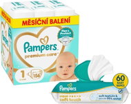 PAMPERS Premium Care vel. 1 (156 ks) + PAMPERS Aqua Soft Touch 60 ks - Jednorázové pleny