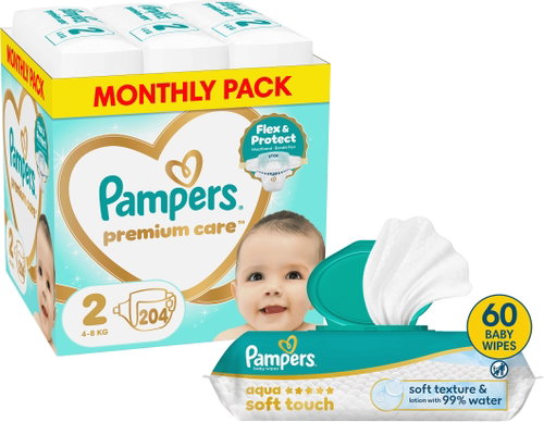 PAMPERS Premium Care 2 (204 db) + PAMPERS Aqua Soft Touch, 60 db - Eldobható pelenka - Fő fotó
