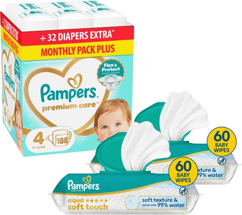 PAMPERS Premium Care vel. 4 (188 ks) + PAMPERS Aqua Soft Touch 120 ks (2× 60 ks) - Disposable Nappies - Main image