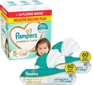 PAMPERS Premium Care veľ. 5 (160 ks) + PAMPERS Aqua Soft Touch 120 ks (2× 60 ks) - Jednorazové plienky