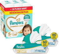 PAMPERS Premium Care vel. 5 (160 ks) + PAMPERS Aqua Soft Touch 120 ks (2× 60 ks) - Jednorázové pleny