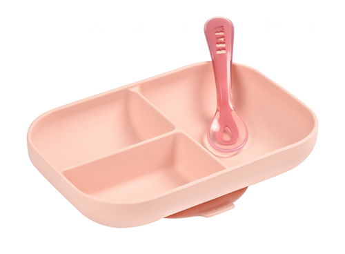 Beaba Talíř silikonový dělený s přísavkou + lžička Pink - Dětský talíř - Hlavní obrázek