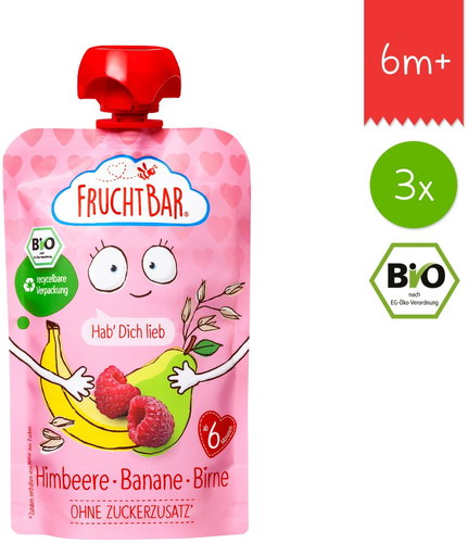 FruchtBar Organic fruit pocket with banana, pear, raspberries and oats 3×100 g - Meal Pocket - Main image