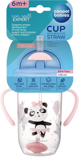 Canpol Babies non-spilling cup with straw and weight Exotic Animals 270 ml,  pink - Baby cup