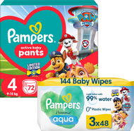 PAMPERS Active Baby Pants Mancs őrjárat 4-es méret (72 db) + Harmonie Aqua Mancs őrjárat törlőkendő - Bugyipelenka