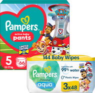 PAMPERS Active Baby Pants Paw Patrol vel. 5 (66 ks) + Harmonie Aqua Paw Patrol ubrousky 3× 48 ks  - Plenkové kalhotky
