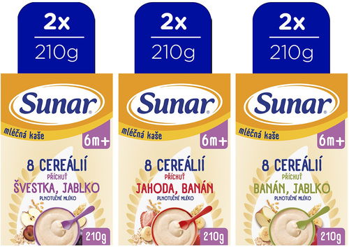 Sunar mléčná kaše 8 cereálií mix příchutí 6m+, 6× 210 g - Mléčná kaše - Hlavní obrázek