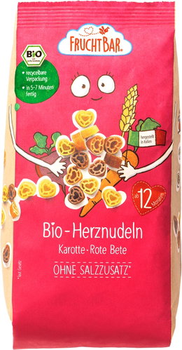FruchtBar Organic pasta hearts with carrots, beetroot and wheat 300 g - Pasta - Main image