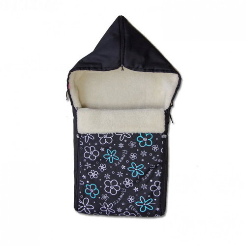 Sheepskin Merino Baby Stroller Fleece Flowers Black, Blue Flowers - Stroller Footmuff - Main image