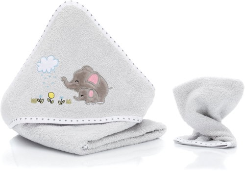 Fillikid Hooded Towel + Washcloth elephant grey 100 × 100cm - Children's Bath Towel - Main image