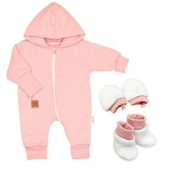 Baby Nellys Bavlněný oteplený overálek s kapucí, rukavičky, botky, 3D sada Nature, korálový - Set oblečení