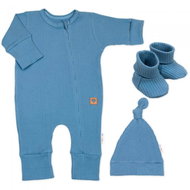 Baby Nellys Rostoucí žebrovaný overálek, čepička a botičky, 3D Nature, jeans, vel. 74/80 - Set oblečení