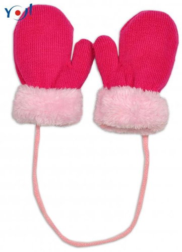 YO! Winter baby gloves with fur - with drawstring YO, raspberry/pink fur - Baby Gloves - Main image