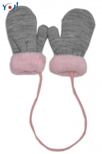 YO! Winter baby gloves with fur - with drawstring YO, grey/pink fur, 98/104 - Baby Gloves - Main image