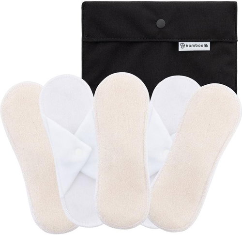 Bamboolik set of cloth sanitary napkins, bio-cotton terry white and beige + mini bag black - Panty Liners - Main image
