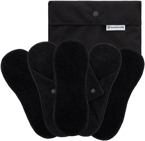 Bamboolik set of cloth sanitary napkins, bio-cotton terry black + mini pouch black - Panty Liners - Main image