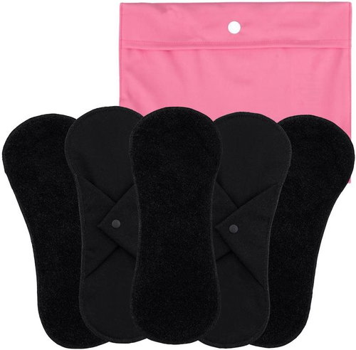 Bamboolik set of daily cloth napkins, bio-cotton terry black + pouch XS pink - Sanitary Pads - Main image