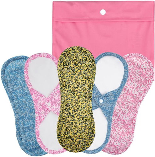 Bamboolik set of cloth day pads, satin & bio-cotton dark + Pouch XS pink - Sanitary Pads - Main image