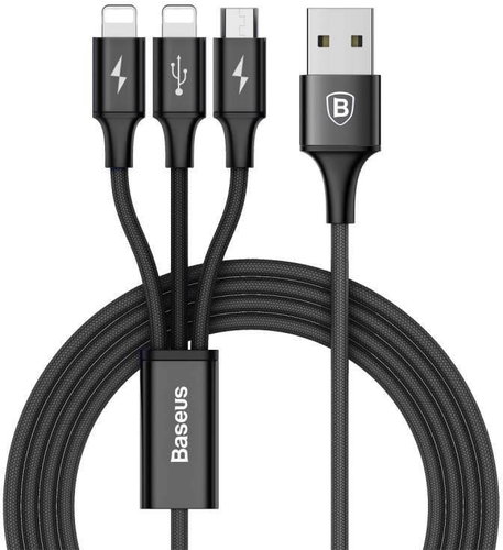 Baseus Rapid Series Charging / Data Cable 3in1 USB (Micro USB + Lightning) 3A 1.2m, black - Data Cable - Main image