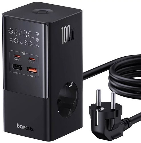 Baseus PowerCombo Tower Power Strip 2AC+2U+2C 100 W 1.5 m EU Cluster Black - Netzladegerät - Hauptbild