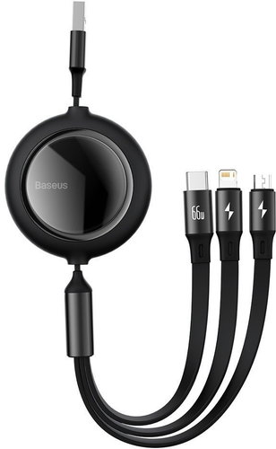 Baseus One-for-three Retractable Data Cable USB to M+L+C 1,2 m 66 W Black - Adatkábel - Fő fotó