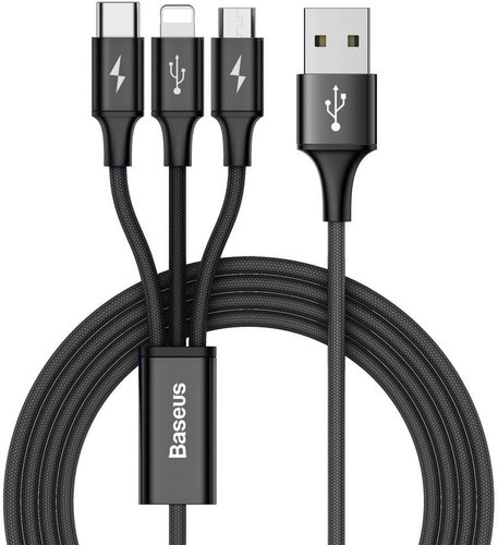 Baseus Rapid Series 3 in 1 Cable MicroUSB + Lightning + Type-C 3A 1.2M Black - Tápkábel - Fő fotó