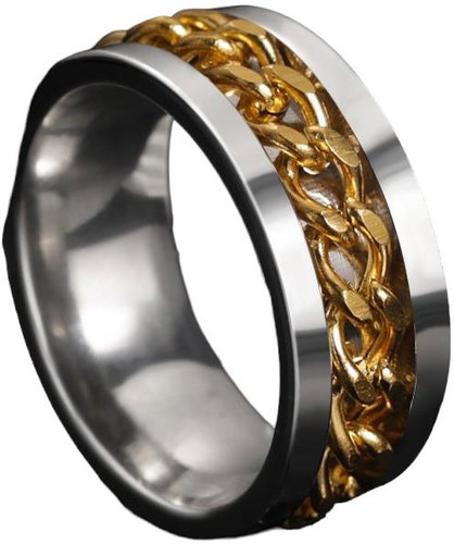 STYLE4 Ring Chain with gold chain, silver steel, 53 - Ring - Main image
