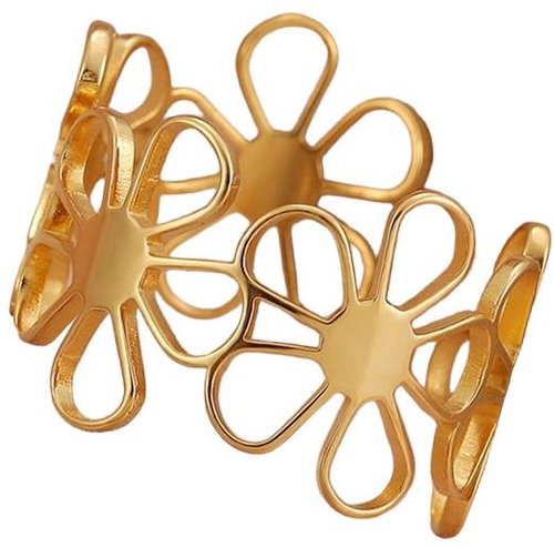 STYLE4 Ring with adjustable size - flowers, golden steel - Ring - Main image