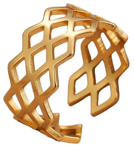 STYLE4 Ring with adjustable size - grids, golden steel - Ring - Main image