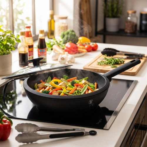 BerlingerHaus Matte Black Collection WOK pan with titanium surface and lid 28 cm - Wok Pan - Main image