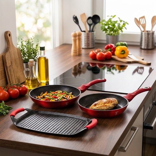 BerlingerHaus Metallic Line Burgundy Edition Set of pans and grill plates with marble surface 3 pcs - Cookware Set - Main image