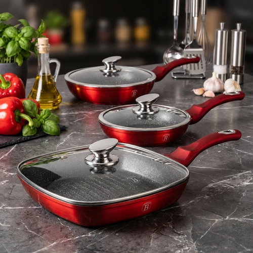 BerlingerHaus Burgundy Metallic Line Set of pans with marble surface 6 pcs - Cookware Set - Main image