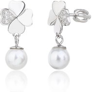 BEALIO 13780 Stříbrné náušnice ČTYŘLÍSTEK s perličkou šroubek (Ag 925/1000, 2,23 g) - Earrings