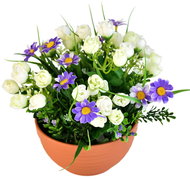 BerryHome Růžičky bílé v terakotové misce, průměr 22/ 23 cm - Artificial Flower