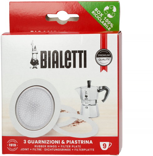 Bialetti Seals (3 pcs) + Filter Plate for 9-Cup Aluminium Moka Pots - Spare Part - Main image