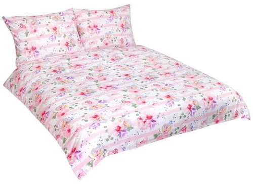 Bellatex Bavlna na dvoudeku - 1x 240 × 220, 2ks 70 × 90 cm - růžový květ s pruhem - Bed Linen - Main image