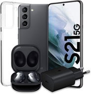 Samsung Galaxy S21 5G 128GB grau + Galaxy Buds Live Schwarz + 25 W Adapter + transparente Abdeckung - Handy