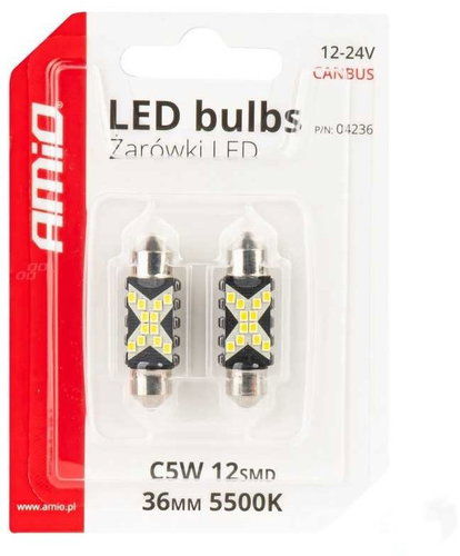 AMIO LED bulbs Festoon CANBUS 12/24 V SV 36 mm clear, 2 pcs - LED Car Bulb - Main image