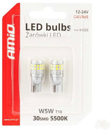 AMIO LED bulbs CANBUS 12 V/24 V 5 W W2,1 × 9,5 d, 2 pcs - LED Car Bulb - Main image